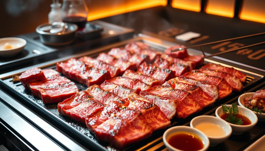A mouth-watering spread of premium wagyu beef sizzling on a sleek yakiniku grill, set against a backdrop of warm, dimly lit ambiance. The meat glistens with just the right amount of marbling, waiting to be expertly sliced and savored. The table is adorned with a selection of delicate dipping sauces and fresh, crisp accompaniments, inviting diners to indulge in a refined, immersive yakiniku experience. Soft, diffused lighting casts a cozy, intimate glow, while the subtle aroma of charred beef and sizzling fat fills the air, tantalizing the senses. This is a premium yakiniku feast, crafted with the utmost care and attention to detail.