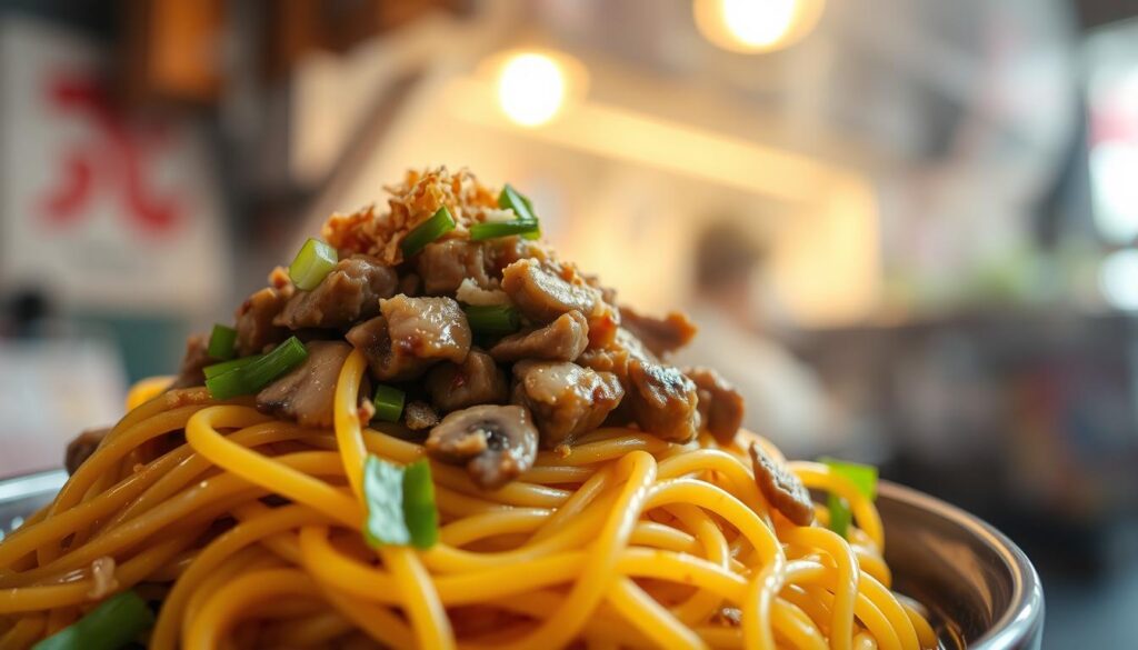 A mouthwatering close-up of a bowl of steaming "Ah Kow Mushroom Minced Pork Mee". In the foreground, a tangle of springy yellow noodles is topped with a generous portion of fragrant minced pork, sautéed with diced shiitake mushrooms, garlic, and scallions. The noodles are glistening with a light soy sauce glaze, creating an appetizing sheen. In the middle ground, a sprinkling of crunchy pork lard crumbs and fresh cilantro adds textural contrast and aromatic notes. The background is softly blurred, creating a focus on the star of the dish - the savory, umami-rich mushroom minced pork. Warm, golden lighting from above casts a comforting glow, evoking the atmosphere of a beloved hawker stall.