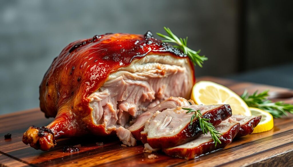A mouthwatering close-up of a perfectly roasted Hong Kong-style duck, glistening with a rich, mahogany-colored skin. The succulent meat is revealed as the bird is expertly carved, showcasing its juicy interior. The duck is presented on a dark wooden cutting board, surrounded by a few fresh sprigs of rosemary and a slice of lemon, adding a touch of elegance. Soft, diffused lighting illuminates the scene, creating an inviting and appetizing atmosphere. The image captures the essence of this classic Cantonese delicacy, making the viewer's mouth water with anticipation.