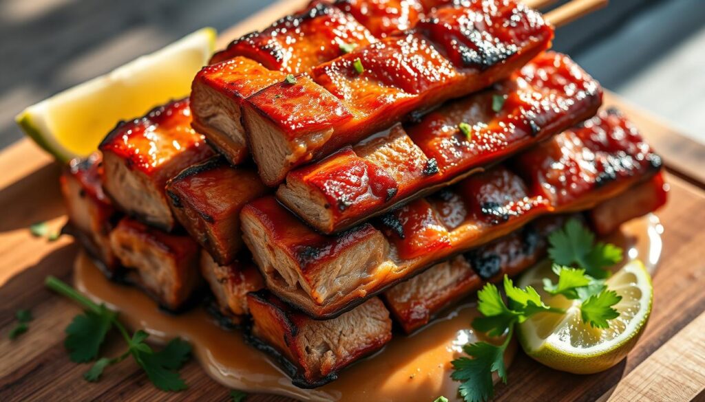 A mouthwatering close-up of a stack of grilled pork belly skewers, the meat glistening with a rich, caramelized satay glaze. Juicy slices of pork are interspersed with crisp, charred edges, resting atop a bed of fragrant peanut sauce. The skewers are arranged artfully on a wooden cutting board, with a scattering of fresh herbs and a wedge of lime for garnish. Bright, natural lighting illuminates the scene, casting dramatic shadows and highlighting the succulent texture of the pork. The overall mood is one of tantalizing, authentic Singaporean street food, ready to be savored.
