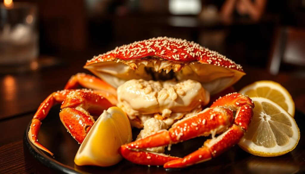A mouthwatering close-up of a white pepper crab dish, artfully presented on a dark wooden table. The crab's shell glistens with a delicate white pepper coating, its meat succulent and tender. Surrounding the crab are a few fresh lemon wedges, casting a warm, golden hue. The lighting is soft and directional, highlighting the intricate textures of the crab and creating a cozy, intimate atmosphere. The composition is balanced, with the crab as the clear focal point, set against a blurred background that suggests a cozy restaurant setting. The overall mood is one of culinary elegance and the rich, comforting flavors of Singaporean cuisine.