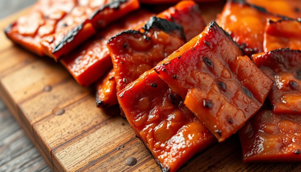 A mouthwatering close-up of freshly grilled pork bak kwa, its caramelized surface glistening under warm, golden lighting. The thin, square slices are arranged artfully, their rich marbling and charred edges inviting the viewer to imagine the savory, slightly sweet flavor. The bak kwa is presented on a simple, rustic wooden board, with a minimalist background that allows the star ingredient to shine. The overall scene conveys a sense of artisanal craftsmanship and high-quality ingredients, perfectly capturing the essence of Singapore's best bak kwa.