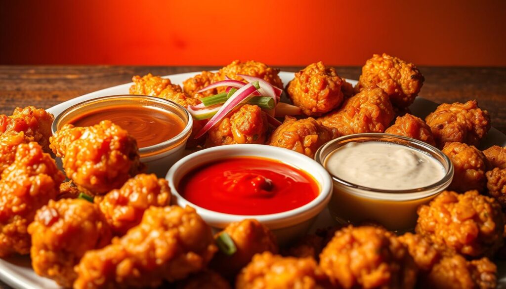 A mouthwatering display of BHC chicken's signature flavors, captured in vivid detail. In the foreground, crispy golden-brown chicken pieces, glistening with a light, tantalizing glaze. Surrounding them, an array of dipping sauces in rich, vibrant hues - a tangy, sweet soy-based sauce, a fiery red chili paste, and a creamy, garlic-infused sauce. In the middle ground, a scattering of crunchy pickled radish and crisp green onion garnishes, adding a refreshing crunch. The background features a sleek, minimalist backdrop, allowing the star ingredients to shine. Warm, directional lighting casts dramatic shadows, accentuating the textures and depths of the scene. The overall mood is one of mouthwatering anticipation, capturing the essence of BHC's renowned fried chicken experience.