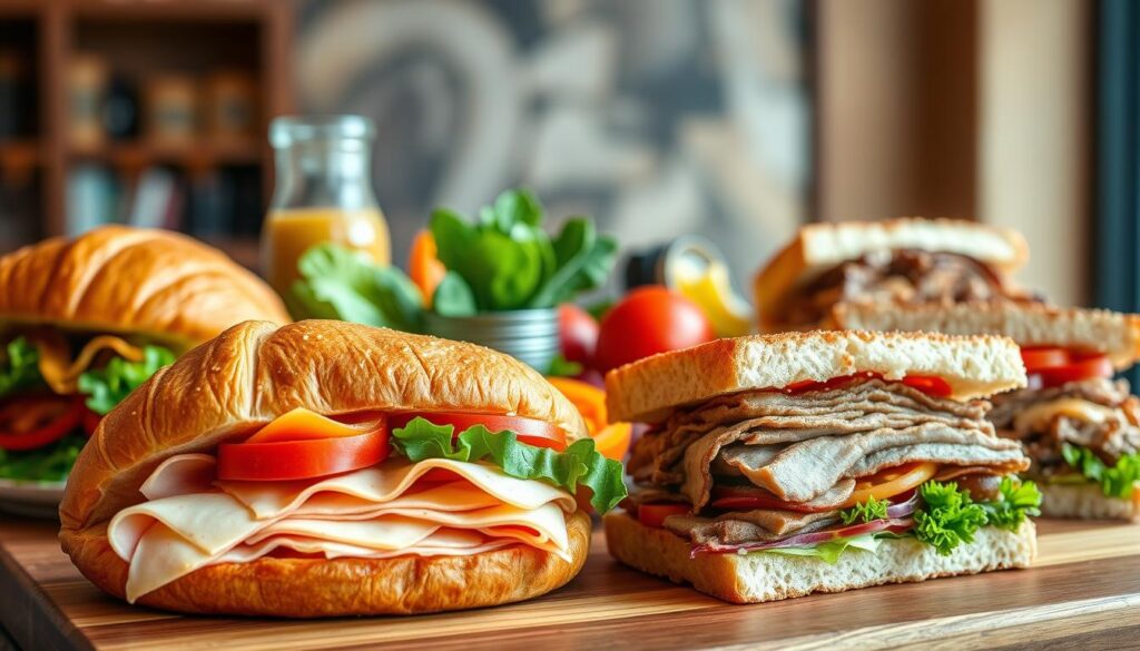 A mouthwatering display of Singapore's top sandwich picks, captured in a stylish and appetizing still life composition. In the foreground, a variety of sandwiches are artfully arranged, showcasing their diverse fillings and textures - from the flaky croissant brimming with savory ham and cheese, to the hearty, toasted bread piled high with tender roast beef and crunchy veggies. The middle ground features a selection of vibrant, fresh ingredients like juicy tomatoes, crisp lettuce, and tangy condiments, hinting at the flavors within. The background is softly blurred, allowing the sandwiches to take center stage under warm, natural lighting that enhances their inviting appeal. The overall scene evokes a sense of culinary sophistication and the rich, diverse sandwich culture of Singapore.