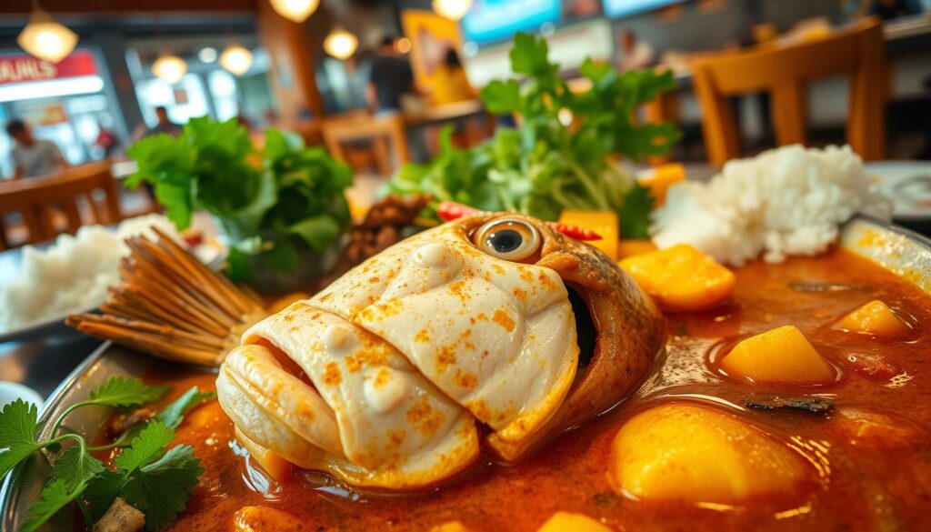 A mouthwatering fish head curry dish, steaming hot and bubbling in a rich, aromatic broth. In the foreground, a succulent fish head, its eyes gazing upward, surrounded by tender chunks of fish, soft potatoes, and fragrant spices. The middle ground features a vibrant array of fresh herbs, chili peppers, and a side of fluffy white rice, perfectly complementing the curry's flavor profile. The background showcases the warm, cozy ambiance of a traditional Singaporean hawker stall, with wooden tables and chairs, and the bustling energy of the city. Soft, directional lighting casts a golden glow, enhancing the dish's enticing appearance and inviting the viewer to savor every bite.