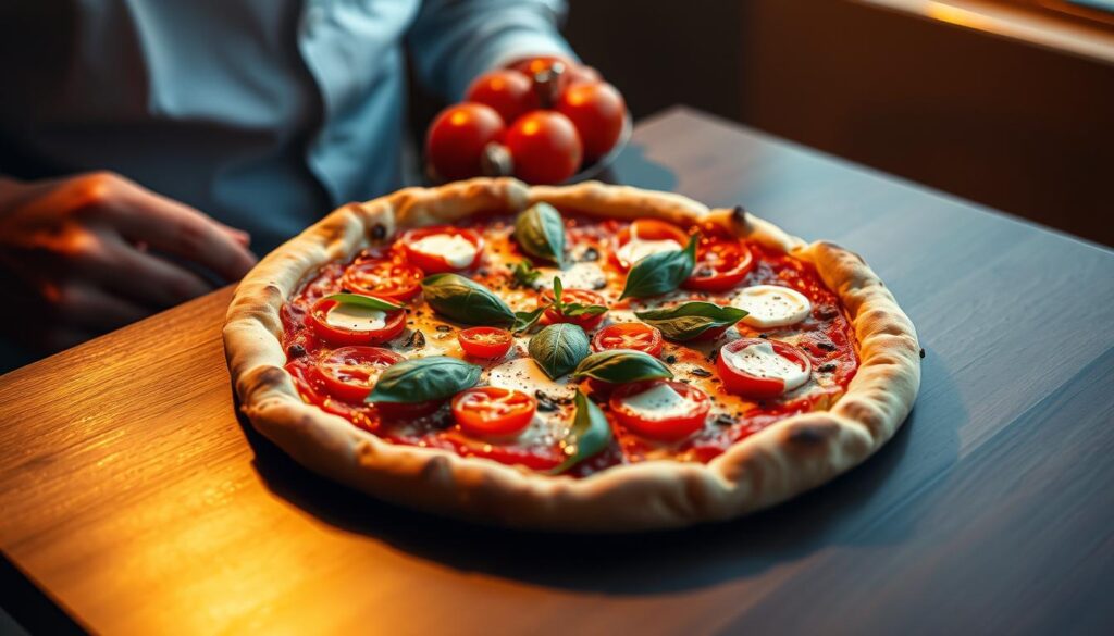 A mouthwatering pizza crafted by renowned chef Massimo Bottura, the centerpiece of an intimate dining experience at his restaurant Torno Subito. The thin, crisp crust is adorned with a vibrant array of fresh, locally-sourced ingredients - juicy tomatoes, fragrant basil, and creamy mozzarella. Warm, golden light casts a soft glow, highlighting the pizza's artful presentation. The composition is framed by a minimalist, modern setting, allowing the culinary masterpiece to shine. An atmosphere of refinement and precision pervades, inviting the viewer to savor every bite of this exceptional dish.