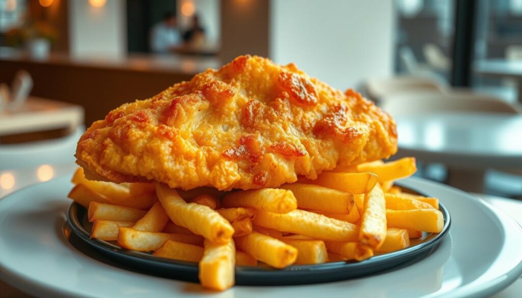 A mouthwatering scene of tiger beer batter fish, freshly fried to golden perfection, resting on a bed of crisp, hand-cut chips. The fish fillet is encased in a light, airy batter infused with the distinct hoppy notes of tiger beer, creating a delightful contrast with the fluffy interior. The chips, cut thick and cooked to a crisp, are arranged artfully alongside the fish, inviting the viewer to imagine the satisfying crunch and savory flavors. The scene is set against a backdrop of a modern, minimalist restaurant interior, with clean lines and natural materials, evoking a sense of sophistication and freshness. Soft, directional lighting highlights the textures and colors, creating a warm, inviting atmosphere that captures the essence of a refined, contemporary take on the classic fish and chips dish.