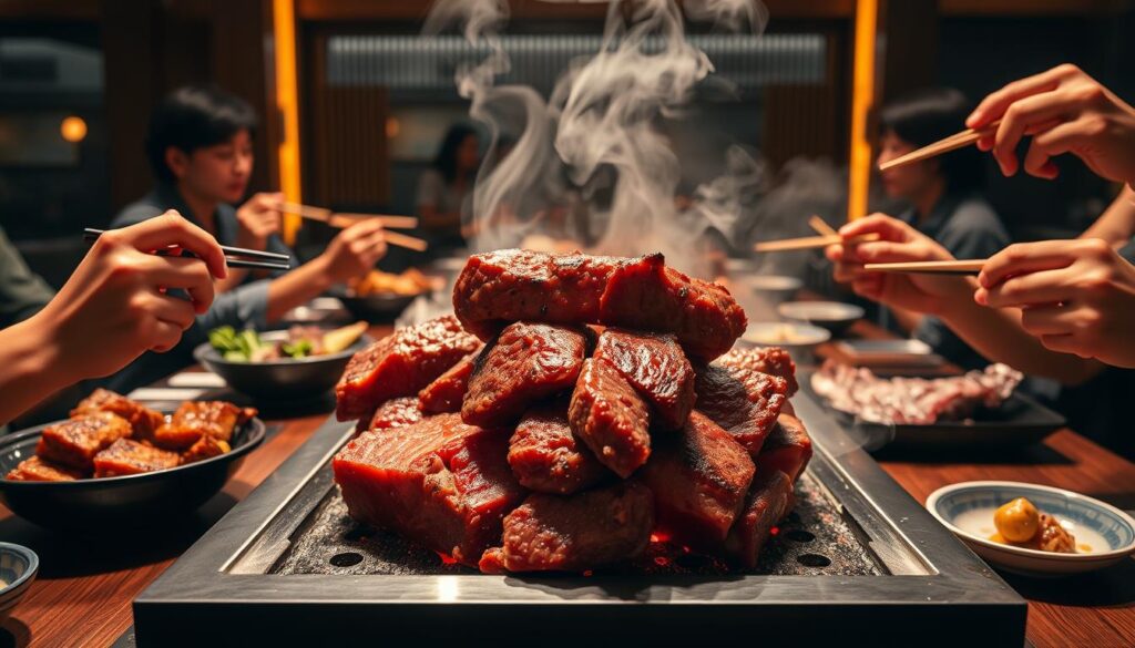 A mouthwatering spread of premium yakiniku graces the table, its succulent cuts sizzling on a sleek charcoal grill. The rich, marbled beef glistens under the warm, ambient lighting, filling the air with the tantalizing aroma of charred meat. In the background, a minimalist Japanese-inspired decor sets the stage, with clean lines and natural wood accents creating a refined, elegant atmosphere. Diners lean in, chopsticks poised, ready to savor the juicy, flavor-packed bites that exemplify the art of premium yakiniku dining. The scene captures the essence of an exceptional yakiniku experience, fit for the discerning palate of Singapore's most passionate food enthusiasts.