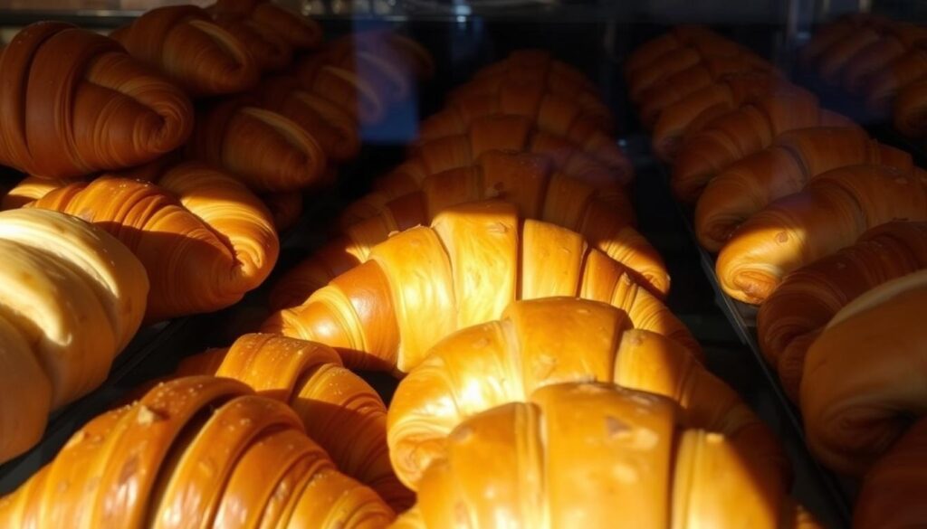 A neatly arranged display of artisanal pastries from Bakery Brera, showcasing a delectable array of croissants, danishes, and other flaky confections. The pastries are illuminated by soft, warm lighting, casting gentle shadows and highlights that accentuate their intricate textures and golden-brown hues. The scene is captured from a slightly elevated angle, allowing the viewer to appreciate the careful craftsmanship and attention to detail that goes into each baked treat. The background is subtly blurred, keeping the focus on the enticing pastries that appear fresh and inviting, as if they have just been pulled from the oven.