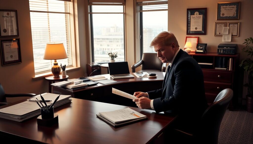 A neatly organized office interior, with a large wooden desk at the center. On the desk, various documents, a laptop, and a pen holder are meticulously arranged. The walls are adorned with framed certificates and a calendar, creating a professional atmosphere. Soft, warm lighting illuminates the scene, casting a cozy glow. In the foreground, a person in a suit sits at the desk, reviewing paperwork and expressions of focus and concentration on their face. The background features a window overlooking a cityscape, hinting at the broader context of the home loan qualification process.
