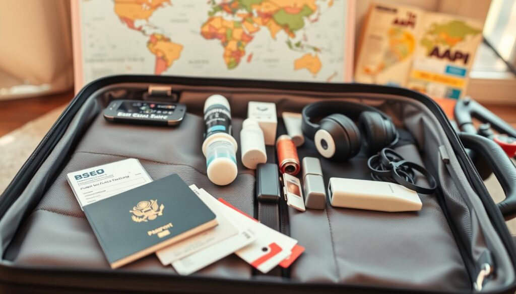 A neatly organized suitcase lies open, showcasing an array of meticulously arranged travel essentials. In the foreground, a passport, boarding pass, and set of luggage tags stand out, hinting at the upcoming journey. The middle ground features a collection of travel-sized toiletries, a portable charger, and a pair of noise-canceling headphones, all carefully selected for comfort and convenience. In the background, a world map and a guidebook suggest the exciting destination awaiting. The scene is bathed in warm, natural light, creating a sense of anticipation and readiness for a memorable travel experience.