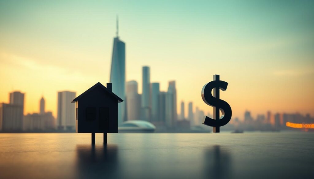 A panoramic view of a financial landscape, with a clear contrast between fixed and floating interest rates. In the foreground, two distinct mortgage symbols - one static and the other fluctuating - stand as visual metaphors. The middle ground depicts a sleek, modern city skyline, its glass towers reflecting the dynamic market. The background is a vibrant, color-shifting gradient, evoking the volatile nature of interest rate movements. Soft, diffused lighting casts a warm, authoritative tone, while a cinematic camera angle emphasizes the scale and significance of the financial decision. The composition is balanced, with the central elements drawing the viewer's eye, inviting contemplation on the merits of each interest rate approach.