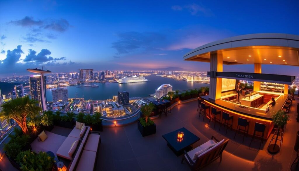 A panoramic view of the 1-Arden rooftop bar, situated atop a high-rise building overlooking the picturesque Singapore harbor. The foreground showcases a lively outdoor lounge area with plush seating, lush greenery, and elegantly designed furniture. Mid-ground reveals the bar's sleek, modern architecture, accentuated by warm, ambient lighting that creates a cozy, inviting atmosphere. In the background, the glittering skyline and serene waters of the harbor stretch out, creating a breathtaking vista. The image is captured with a wide-angle lens, conveying a sense of grandeur and capturing the full scope of the stunning rooftop setting.