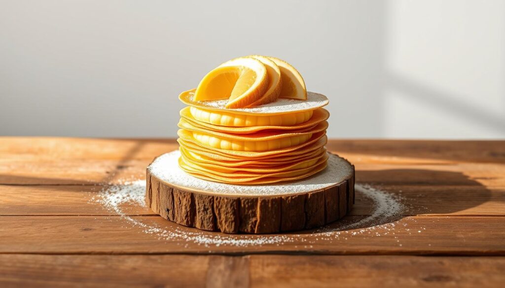 A perfectly crafted durian crepe cake sitting on a rustic wooden table, bathed in soft, natural lighting. The cake's layers are delicately stacked, with a golden-brown exterior and a creamy, durian-infused filling peeking through. The surface is adorned with fresh durian slices and a light dusting of powdered sugar, creating a visually appealing and mouthwatering display. The background features a minimalist, yet elegant setting, with a plain white wall providing a clean backdrop to highlight the cake's intricate details. The overall composition exudes a sense of artisanal craftsmanship and premium quality, perfectly capturing the essence of the "The Durian Bakery: MSW Crepe Cake" section. A perfectly crafted durian crepe cake sitting on a rustic wooden table, bathed in soft, natural lighting. The cake's layers are delicately stacked, with a golden-brown exterior and a creamy, durian-infused filling peeking through. The surface is adorned with fresh durian slices and a light dusting of powdered sugar, creating a visually appealing and mouthwatering display. The background features a minimalist, yet elegant setting, with a plain white wall providing a clean backdrop to highlight the cake's intricate details. The overall composition exudes a sense of artisanal craftsmanship and premium quality, perfectly capturing the essence of the "The Durian Bakery: MSW Crepe Cake" section.
