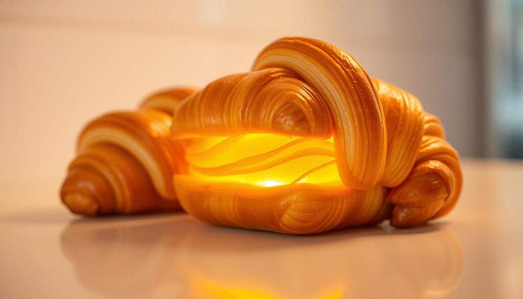 A perfectly formed croissant cube resting on a gleaming white countertop, its golden-brown exterior glistening under the warm, soft lighting. The crisp, flaky layers are meticulously stacked, creating a visually captivating and mouthwatering display. The background is slightly blurred, placing the focus entirely on this innovative pastry creation from Keong Saik Bakery, a renowned Singapore institution known for its exceptional artisanal baked goods. The image conveys a sense of elegance, craftsmanship, and the bakery's unwavering commitment to excellence.