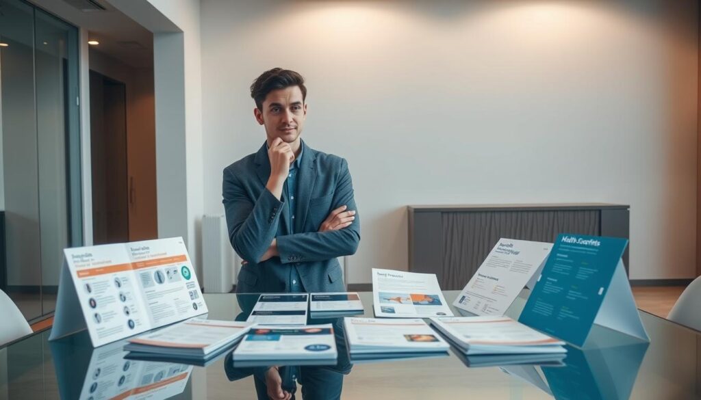 A person standing in a well-lit office, thoughtfully examining various health screening packages laid out on a sleek glass desk. The packages are neatly arranged, with brochures, leaflets, and sample reports. The person's expression conveys a sense of careful consideration, as they weigh the options and features of each package. The background is a modern, minimalist space with clean lines and muted tones, creating a professional and calming atmosphere. The lighting is soft and directional, highlighting the person's face and the health screening materials. The overall scene suggests a thoughtful, informed decision-making process in choosing the right health screening package.