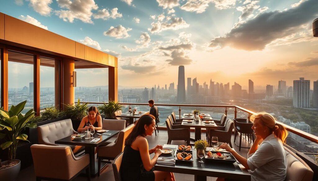 A picturesque rooftop dining experience at Tora Tora Tora in Singapore. The scene is bathed in warm, golden light, casting a cozy ambiance over the elegant open-air setting. Sleek, modern furniture adorns the space, complemented by lush greenery and subtle Asian-inspired decor. In the foreground, diners enjoy an exquisite sushi feast, their expressions reflecting the delight of the culinary experience. The middle ground showcases the restaurant's stunning architectural features, with clean lines and expansive windows offering breathtaking views of the city skyline. The background is a panoramic vista of the bustling metropolis, its vibrant energy and towering structures creating a dynamic backdrop for this serene, elevated dining oasis.