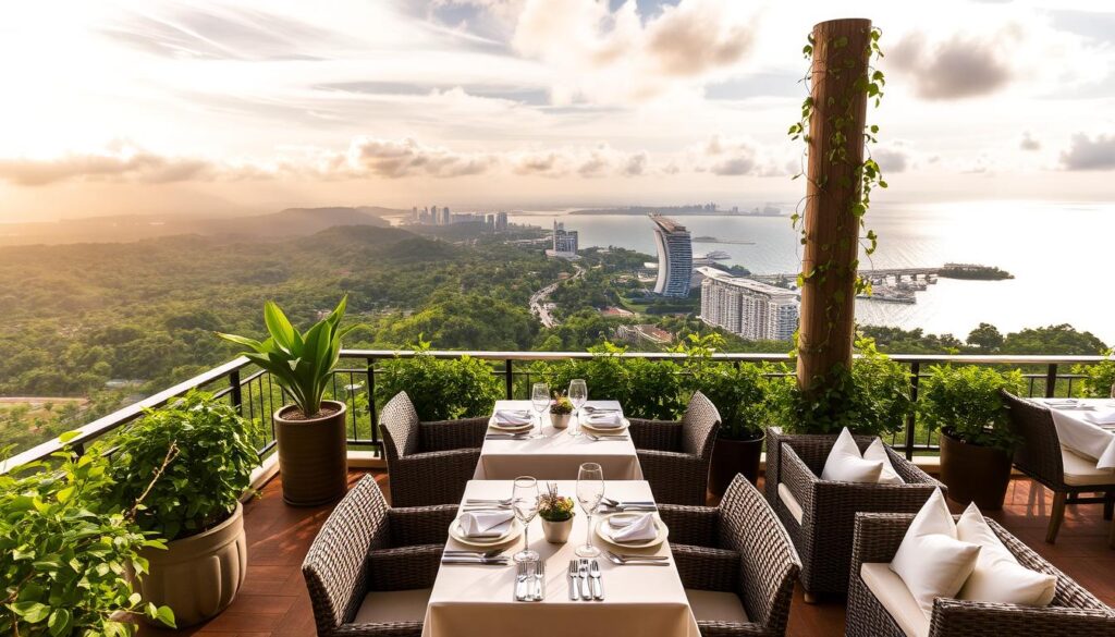 A picturesque rooftop dining terrace at the Oasia Resort Sentosa, with stunning panoramic views of the lush tropical island. The scene is bathed in warm, golden sunlight filtering through wispy clouds, creating a serene, tranquil atmosphere. Elegant wicker furniture is arranged around a central dining table, set with crisp white linens and sparkling glassware. Verdant potted plants and trailing vines adorn the edges, blending the indoor and outdoor spaces seamlessly. In the distance, the sparkling azure waters of the Singaporean coastline glisten, while the iconic Resorts World Sentosa complex stands as a backdrop. The overall ambiance is one of sophisticated al fresco dining, perfect for an indulgent meal overlooking the beauty of Sentosa Island.