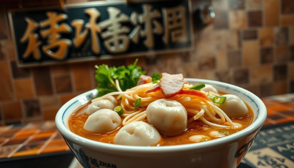 A piping hot bowl of fa zhan fishball noodles, the savory broth steaming, garnished with an array of fresh toppings. In the foreground, plump fishballs and springy noodles take center stage, while the middle ground features crisp bean sprouts, tender sliced pork, and aromatic green onions. The background showcases a rustic, tiled counter, with a vintage metal sign adding a touch of old-world charm. The lighting is soft and warm, creating a cozy, inviting atmosphere. The camera angle is slightly elevated, capturing the dish in all its mouthwatering glory, inviting the viewer to dive in and savor the flavors of this iconic Singaporean delicacy.