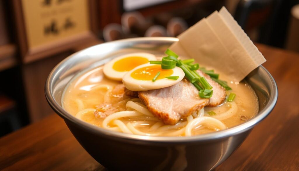 A piping hot bowl of tonkotsu king ramen, the signature dish of Keisuke Tonkotsu King Four Seasons. In the foreground, thick, creamy pork bone broth glistens under soft, warm lighting, topped with tender slices of chashu pork, a perfectly cooked ramen egg, and vibrant green onions. The noodles, springy and al dente, are nestled below, inviting the diner to dive in. In the middle ground, the stainless steel bowl reflects the scene, while the background fades into a warm, cozy atmosphere reminiscent of a traditional ramen shop. The composition evokes a sense of seasonal delight and culinary mastery, capturing the essence of this acclaimed ramen destination.