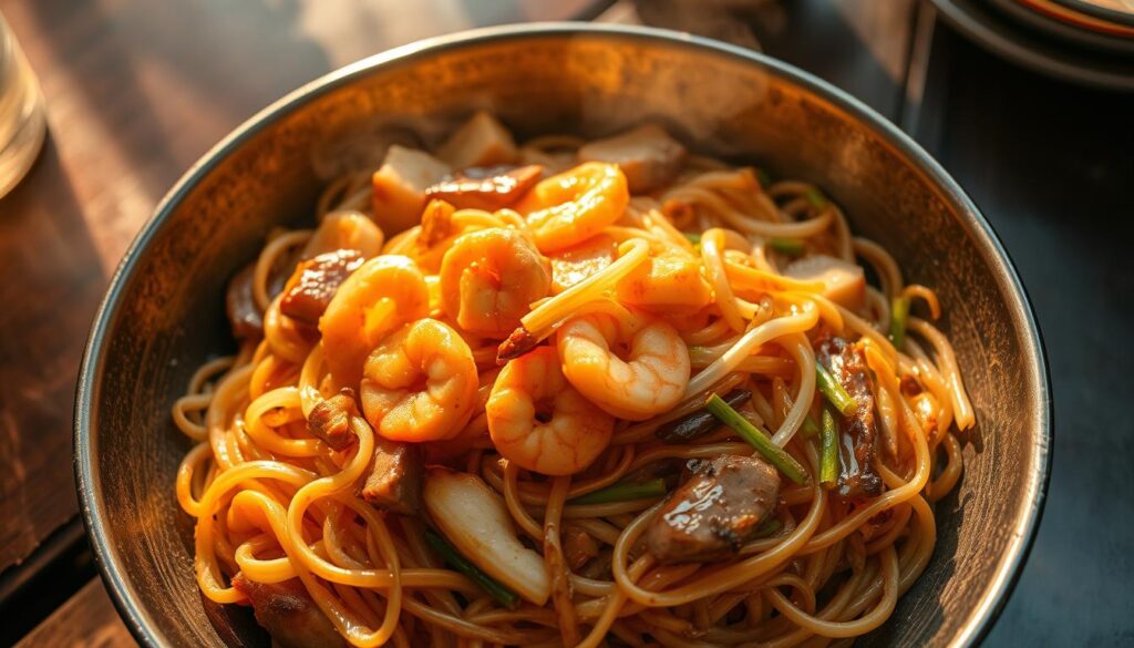 A piping hot plate of fried kway teow, glistening with a smoky char and dotted with tender slices of pork, shrimp, and crunchy bean sprouts. The noodles are perfectly wok-tossed, creating a harmonious blend of savory, sweet, and umami flavors. The dish is illuminated by warm, natural lighting, casting a golden glow that enhances the dish's vibrant colors and textures. The camera angle is slightly elevated, providing a tantalizing overhead view that showcases the dish's intricate details and invites the viewer to imagine the satisfying crunch and chew of each bite. The overall mood is one of mouthwatering anticipation, capturing the essence of the beloved Singaporean hawker classic, Guan Kee Fried Kway Teow.