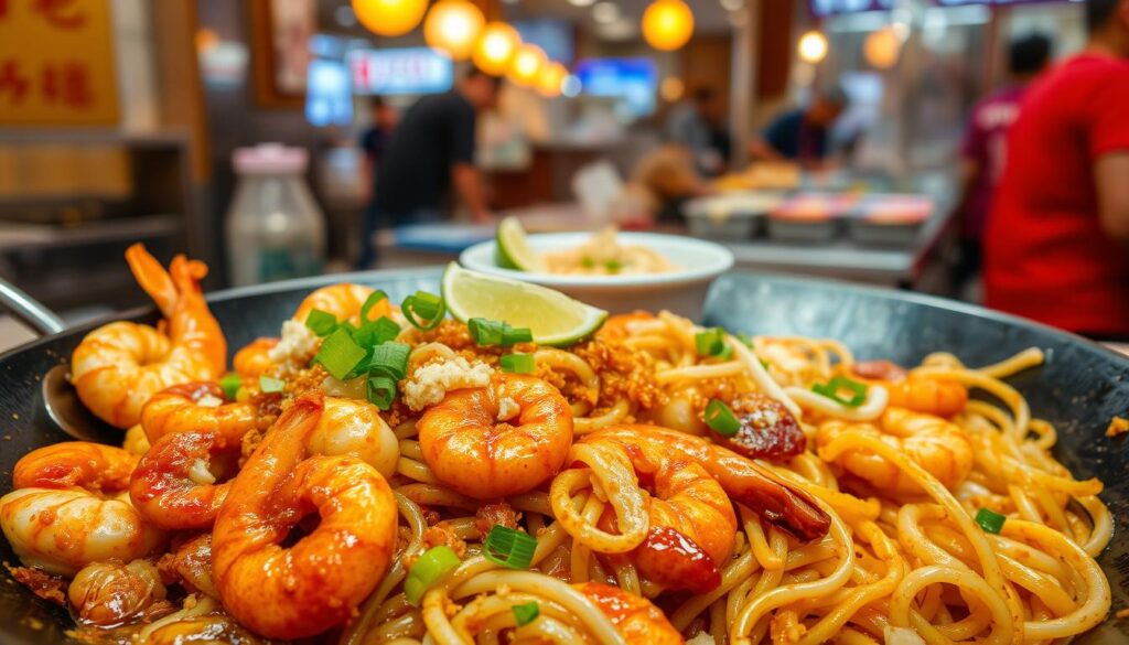 A piping hot plate of fried sotong prawn mee, the signature dish of Hong Heng Hawker Centre. In the foreground, succulent prawns and tender squid rings sizzle in a wok, coated in a glossy, caramelized sauce. Noodles, perfectly al dente, are tossed with a medley of crunchy bean sprouts, crisp fried shallots, and a sprinkle of fragrant fried onions. The middle ground features a steaming bowl of the noodle dish, garnished with a lime wedge and a sprinkling of chopped scallions, inviting the viewer to dig in. In the background, the bustling hawker centre setting is evoked through the warm, incandescent lighting and the hint of activity around the stall. An appetizing, authentic Singaporean street food scene captured in mouthwatering detail.