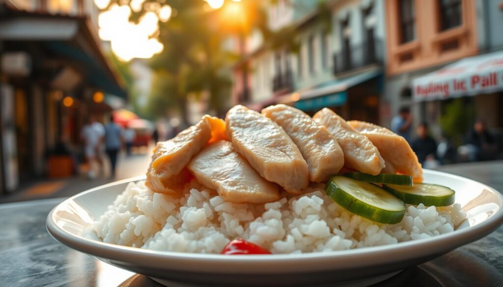 A plate of Hainanese boneless chicken rice set against the charming backdrop of the iconic Tiong Bahru neighborhood. The glistening, tender chicken slices are meticulously arranged atop a bed of fragrant, fluffy white rice. The dish is garnished with delicate slices of cucumber and a vibrant red chili sauce, inviting the viewer to savor the perfect balance of flavors. Warm sunlight filters through the streetscape, casting a cozy, inviting glow over the scene. The image captures the essence of this classic Singaporean comfort food in its most authentic and appetizing form.