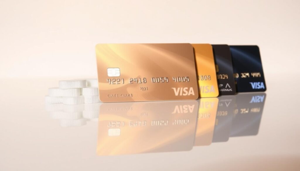 A pristine, reflective surface displays a row of shiny petrol credit cards, their metallic finishes glistening under warm, directional lighting. The cards are artfully arranged, with each one slightly overlapping the next, creating a sense of depth and visual interest. The cards are positioned against a clean, neutral backdrop, allowing them to take center stage. The overall composition conveys a sense of sophistication and financial prowess, perfectly suited to illustrate the "Best Miles Credit Cards for Petrol" section of the article.