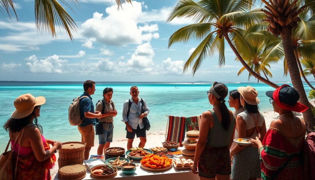 A pristine tropical beach, with azure waters and swaying palm trees, serves as the backdrop for a range of specialized travel packages. In the foreground, a group of travelers gathers around a well-appointed tour guide, discussing itineraries that promise unique cultural immersion and adventure. The middle ground features a display of local handicrafts, vibrant textiles, and traditional cuisine, enticing visitors to explore the rich heritage of the region. Soft, warm lighting illuminates the scene, creating a sense of welcoming and excitement. The composition is balanced, with a focus on the diverse travel offerings and the anticipation of a transformative journey.