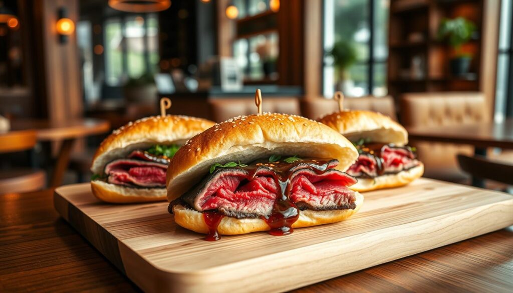 A pristine wooden table set against the backdrop of a chic Singaporean cafe, its surface adorned with the finest wagyu beef sandwiches. The soft, pillowy bread frames the marbled, ruby-red meat, drizzled with a decadent, aromatic sauce. Delicate microgreens and a sprinkle of sesame seeds add a touch of refinement. The lighting, soft and diffused, casts a warm, golden glow, accentuating the luxurious textures. A shallow depth of field blurs the surroundings, drawing the viewer's focus to the exquisite, mouthwatering sandwiches. An atmosphere of indulgence and culinary sophistication pervades the scene.