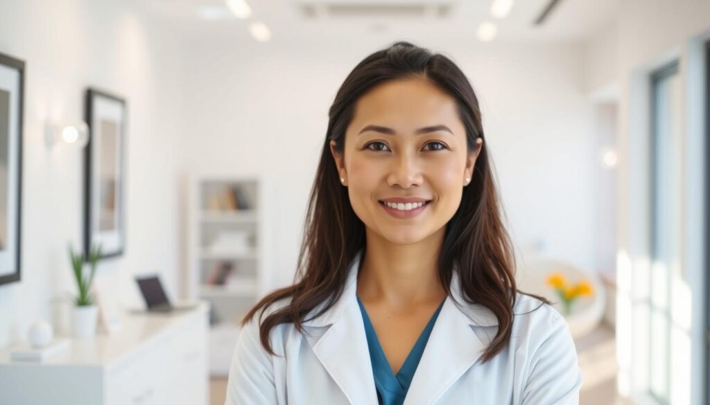 A professional portrait of Dr. Annabelle Leong, a leading Ear, Nose, and Throat (ENT) specialist, shot with a high-resolution camera and a sharp prime lens. She is wearing a white lab coat, standing in a clean, modern medical office setting with minimalist decor. Soft, natural lighting illuminates her face, creating a warm, approachable atmosphere. Her expression conveys a sense of expertise, compassion, and dedication to her craft. The composition places her in the center, with the background slightly blurred to maintain focus on her. The image aims to showcase Dr. Leong's medical authority and her role as a trusted ENT specialist.