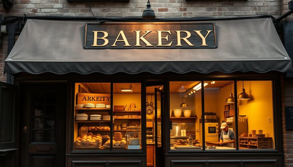 A quaint, old-fashioned bakery storefront with a traditional wooden signage and vintage display windows showcasing an array of freshly baked goods. The facade has a weathered, time-worn charm, with intricate brickwork and a classic awning casting gentle shadows across the scene. The interior is bathed in a warm, golden light, revealing the bustling activity of bakers crafting artisanal breads, pastries, and other delectable treats. The atmosphere evokes a sense of nostalgia and community, inviting passersby to step inside and experience the timeless allure of an authentic, old-school bakery.