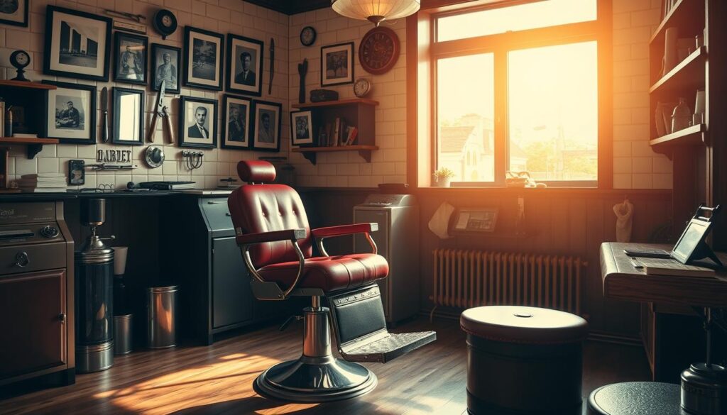 A retro-styled barbershop interior with a warm, vintage ambiance. The focal point is a classic barber's chair in a deep red leather, set against a tiled wall adorned with old-fashioned barber's tools and framed black-and-white photographs. Soft, golden lighting filters through a large front window, casting a cozy glow over the space. The hardwood floors and wooden shelves lining the walls evoke a nostalgic, bygone era. Subtle details like a vintage cash register, a towel warmer, and a well-worn leather strop add to the authentic, lived-in feel of the "Limpeh Barbershop". The overall composition conveys a sense of timeless charm and attention to traditional barbering craft.