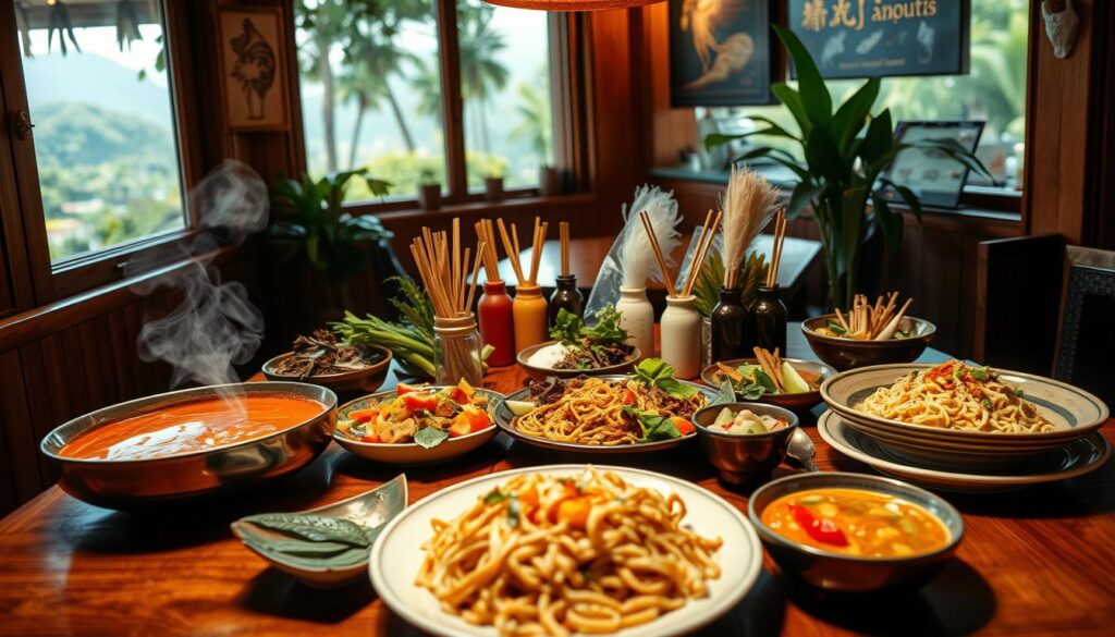 A richly detailed tableau of authentic Thai cuisine, artfully presented on a wooden table in a cozy, intimate setting. In the foreground, a fragrant array of signature dishes - steaming red curry, savory pad thai, and colorful som tam salad. The middle ground features a selection of aromatic herbs, spices, and condiments, reflecting the complex flavors of Thai cooking. In the background, a glimpse of a lush, tropical landscape through a window, evoking the vibrant culture and heritage of Thailand. Warm, natural lighting casts a soft, inviting glow over the scene, creating a welcoming ambiance. Captured with a wide-angle lens to showcase the full depth and richness of this quintessential Thai dining experience.
