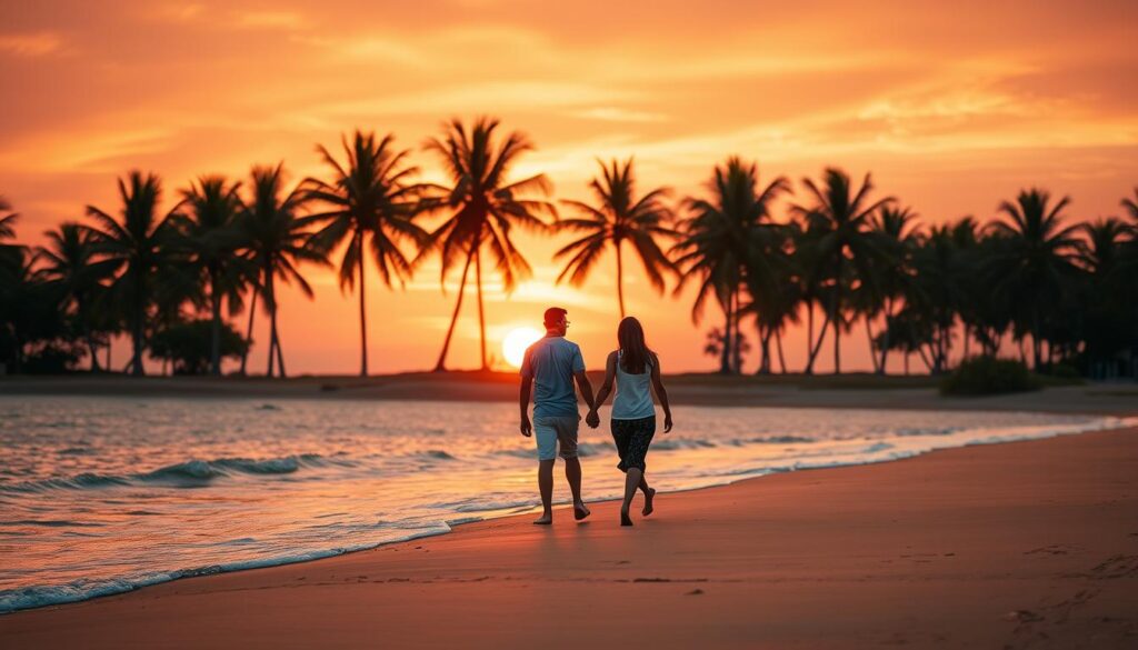 A romantic sunset at Changi Beach, Singapore. The foreground features a couple strolling hand-in-hand along the golden sand, the gentle waves lapping at their feet. In the middle ground, lush palm trees sway in the warm breeze, casting long shadows across the serene landscape. The background is dominated by a vibrant orange and pink sky, the sun dipping below the horizon, painting the scene in a soft, dreamy glow. The composition is balanced, with the couple as the focal point, and the surrounding natural elements creating a sense of tranquility and escapism. Soft, diffused lighting and a shallow depth of field evoke a sense of intimacy and exclusivity, making this the perfect romantic getaway.