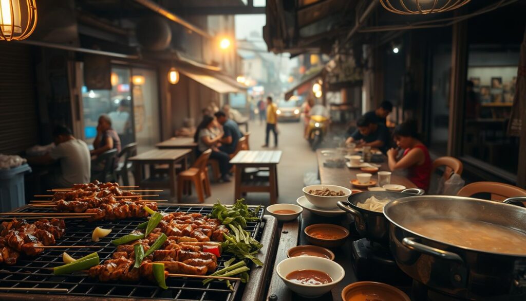 A rustic Vietnamese street food scene, dimly lit by a warm glow. In the foreground, a sizzling barbecue grill with skewers of marinated meat and vegetables. Nearby, a steaming hotpot simmers, surrounded by bowls of fresh herbs, noodles, and dipping sauces. The middle ground features a lively open-air dining area, with wooden tables and plastic stools occupied by locals and tourists alike, enjoying the flavors of this vibrant cuisine. In the background, the bustling streets of a Vietnamese city, with a hazy, atmospheric quality created by soft, diffused lighting and a slight haze. The overall mood is one of authentic, home-cooked comfort and convivial sharing.