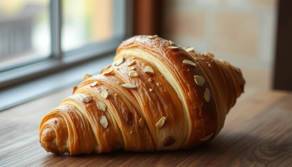 A rustic, generously-sized almond croissant from Mother Dough Bakery sits on a wooden surface, its golden-brown exterior flecked with toasted almond slivers. The warm, buttery aroma wafts through the air, inviting you to take a bite and savor the delicate, flaky layers. Soft, natural lighting from a nearby window casts a gentle glow, highlighting the croissant's imperfect yet charming shape. The background is slightly blurred, placing the focus entirely on this artisanal pastry, a testament to the bakery's commitment to quality and tradition.
