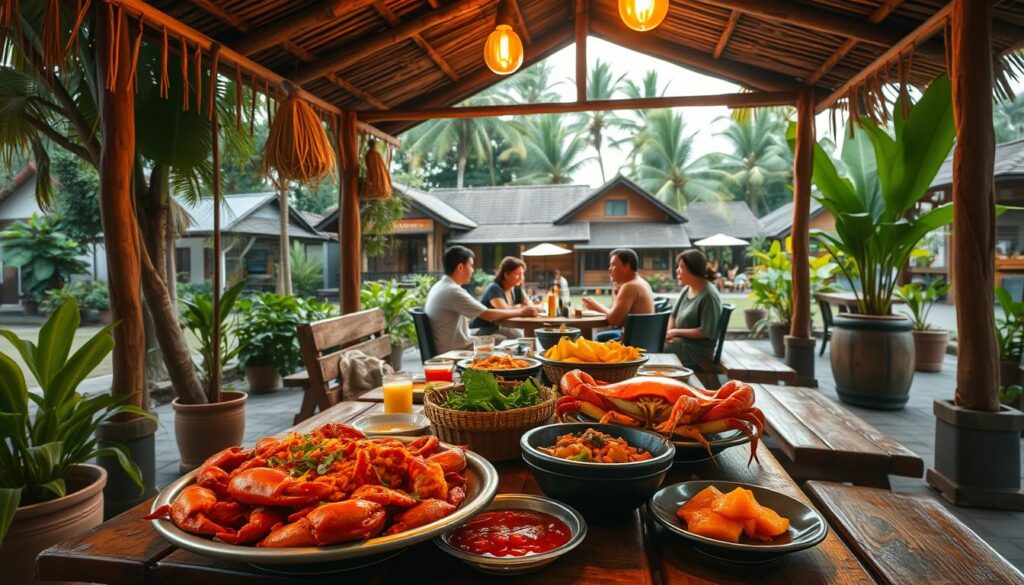 A rustic outdoor dining scene in a lush tropical setting, with a wooden table and benches arranged under a thatched roof pavilion. Vibrant greenery and potted plants surround the space, creating a cozy, inviting atmosphere. Warm, soft lighting illuminates the scene, casting a golden glow. In the foreground, an array of delectable seafood dishes are laid out, including a steaming chili crab, accompanied by traditional condiments and sides. The middle ground features a group of diners engaged in lively conversation, savoring the flavors of the local cuisine. In the background, a glimpse of a serene kampong neighborhood with wooden houses and swaying coconut palms completes the charming, authentic Singaporean ambiance.