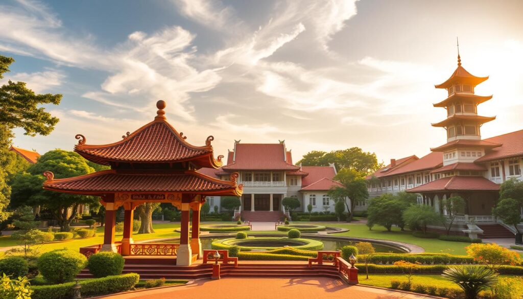 A serene and ornate campus of Nan Hua Primary School, a renowned Singapore institution steeped in cultural heritage. The foreground features a grand entrance pavilion with intricate carved details, flanked by towering traditional pagodas. In the middle ground, lush greenery and tranquil ponds create a peaceful atmosphere. The background showcases the school's iconic heritage buildings, bathed in warm, golden sunlight filtering through wispy clouds. Architecturally, the scene blends harmonious Chinese and Singaporean design elements, conveying a sense of timeless elegance and academic tradition.