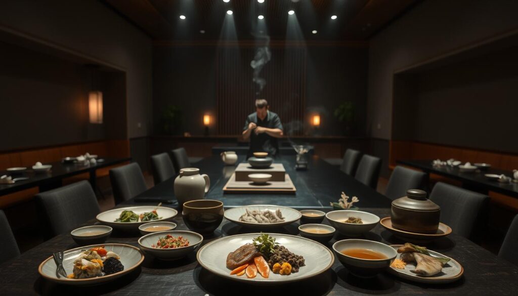A serene, dimly lit dining room filled with the aroma of freshly brewed tea. In the foreground, a meticulously arranged omakase spread, each dish a harmonious blend of flavors and textures, accentuated by the delicate ceramic vessels they are served in. The middle ground features a central tea ceremony station, where a skilled tea master performs the ritual, their movements graceful and deliberate. The background showcases a minimalist Japanese-inspired interior, with clean lines, natural wood tones, and a calming ambiance that invites the diner to fully immerse themselves in the tea-centric culinary experience.
