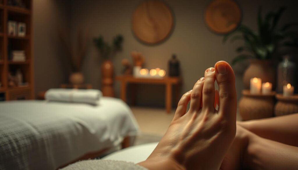 A serene foot reflexology session set in a cozy, dimly lit massage parlor. In the foreground, delicate hands gently apply pressure to the soles of a pair of relaxed feet, their toes curled with contentment. The middle ground reveals a tranquil atmosphere, with soft lighting casting a warm, calming glow over the scene. In the background, subtle details such as natural wood accents and soothing botanical elements create a sense of tranquility, inviting the viewer to unwind and experience the restorative power of this ancient healing practice. A serene foot reflexology session set in a cozy, dimly lit massage parlor. In the foreground, delicate hands gently apply pressure to the soles of a pair of relaxed feet, their toes curled with contentment. The middle ground reveals a tranquil atmosphere, with soft lighting casting a warm, calming glow over the scene. In the background, subtle details such as natural wood accents and soothing botanical elements create a sense of tranquility, inviting the viewer to unwind and experience the restorative power of this ancient healing practice.