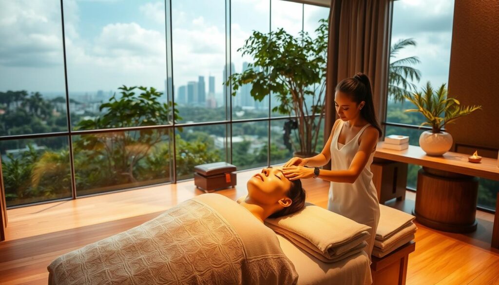 A serene, luxurious spa nestled in the heart of Singapore, bathed in warm, diffused lighting. The foreground features a tranquil facial treatment station, with a skilled aesthetician performing a rejuvenating procedure on a relaxed client. The middle ground showcases the spa's elegant, minimalist decor, with natural materials and soothing color palettes. In the background, lush greenery and glimpses of the city skyline create a calming, oasis-like ambiance, highlighting Singapore's reputation as a hub for exceptional, world-class facial treatments.