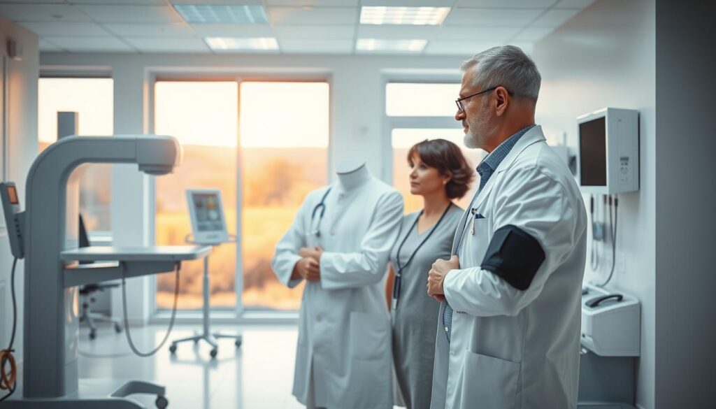 A serene medical clinic with a clean, modern interior. In the foreground, a doctor in a white coat stands next to a patient, discussing the results of their comprehensive health screening. The middle ground features various diagnostic equipment such as an x-ray machine, blood pressure cuff, and stethoscope, symbolizing the thorough nature of the checkup. The background depicts a warm, natural landscape visible through large windows, conveying a sense of well-being and holistic health. Soft, diffused lighting illuminates the scene, creating a calming and reassuring atmosphere. The overall composition emphasizes the benefits of proactive, regular health screenings for maintaining personal wellness.