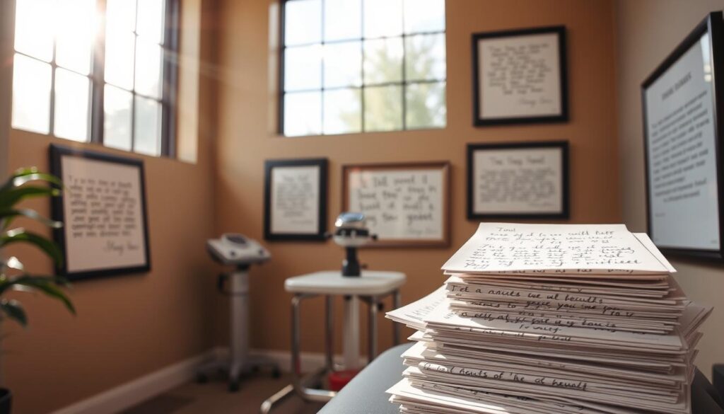A serene medical office, sunlight pouring through large windows, illuminating a collage of framed testimonials. In the foreground, a stack of handwritten cards and letters, each telling a story of relief, recovery, and renewed vitality. The middle ground features a stylized arrangement of medical equipment, evoking a sense of professionalism and care. In the background, a warm, neutral-toned wall serves as a calming backdrop, allowing the testimonials to take center stage. The scene exudes an atmosphere of trust, empathy, and the transformative power of chiropractic treatment. A serene medical office, sunlight pouring through large windows, illuminating a collage of framed testimonials. In the foreground, a stack of handwritten cards and letters, each telling a story of relief, recovery, and renewed vitality. The middle ground features a stylized arrangement of medical equipment, evoking a sense of professionalism and care. In the background, a warm, neutral-toned wall serves as a calming backdrop, allowing the testimonials to take center stage. The scene exudes an atmosphere of trust, empathy, and the transformative power of chiropractic treatment.