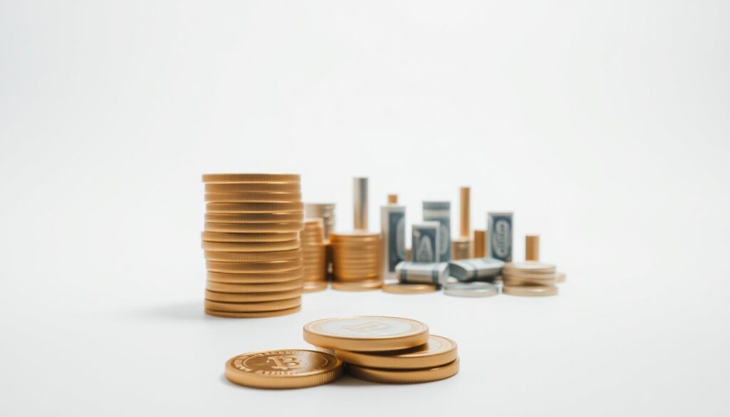 A serene, minimalist scene depicting the contrast between fixed deposits and other low-risk investments. In the foreground, a stack of gold coins represents the stability and consistent returns of a fixed deposit. In the middle ground, a diverse array of financial instruments - stocks, bonds, and mutual funds - symbolize the potential for higher growth, yet with greater volatility. The background features a clean, white backdrop, creating a sense of clarity and focus on the core financial concepts. Soft, diffuse lighting illuminates the scene, conveying a sense of balance and equilibrium. The overall composition emphasizes the trade-off between the safety of fixed deposits and the potential rewards of other low-risk investment options.
