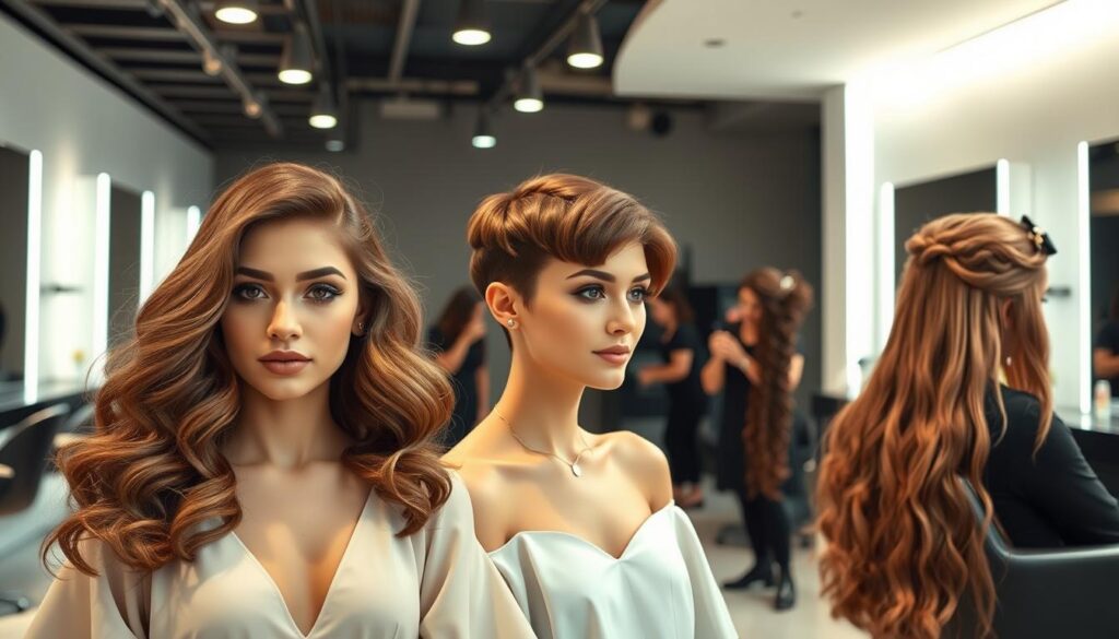 A serene, modern hair salon interior with sleek, minimalist styling stations. In the foreground, a display of captivating hairstyles - wavy, voluminous locks, chic pixie cuts, and intricate braids. The lighting is soft and flattering, casting a warm glow over the models' faces. In the middle ground, stylists meticulously crafting each hairstyle, their skilled hands and focused expressions conveying the artistry of their work. The background features a clean, minimalist aesthetic, with neutral tones and clean lines emphasizing the salon's sophisticated ambiance. The overall mood is one of calm, confidence, and a sense of transformation, capturing the essence of "Dream Hairstyles Made Real."