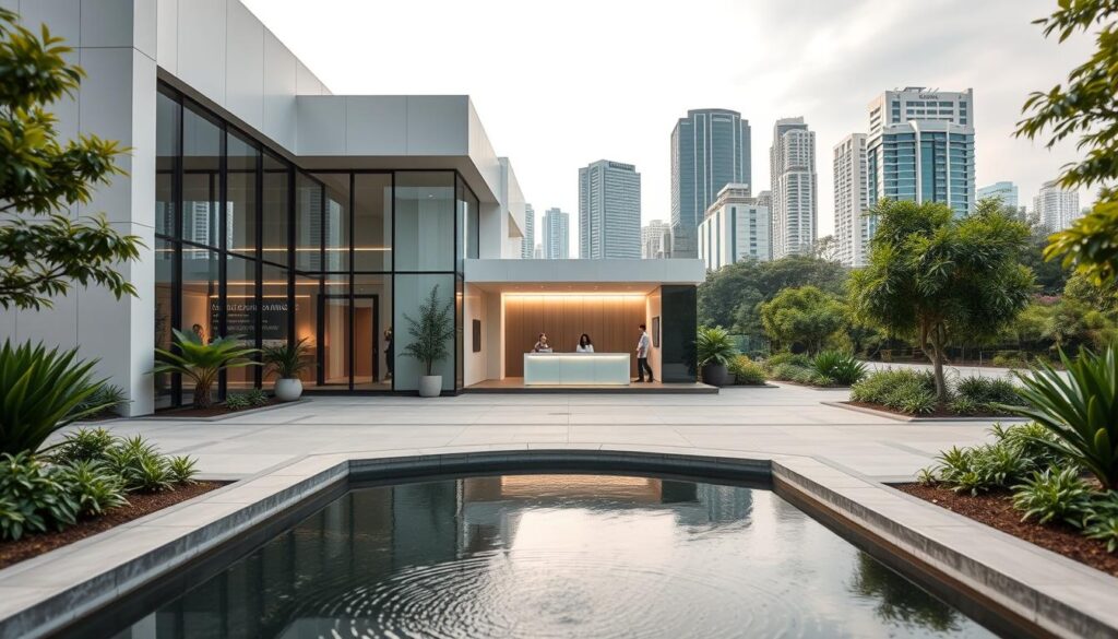 A serene, modern medical clinic nestled in a bustling Singapore cityscape. The exterior features a sleek, minimalist facade with clean lines and large windows that allow natural light to flood the interior. In the foreground, well-manicured landscaping and a tranquil water feature create a calming atmosphere. The middle ground showcases the clinic's reception area, where patients are greeted by a warm, professional staff. The background depicts the surrounding city skyline, with skyscrapers and lush greenery creating a picturesque urban setting. The lighting is soft and diffused, conveying a sense of comfort and care. The overall mood is one of clinical excellence, sophistication, and patient-centric wellness.