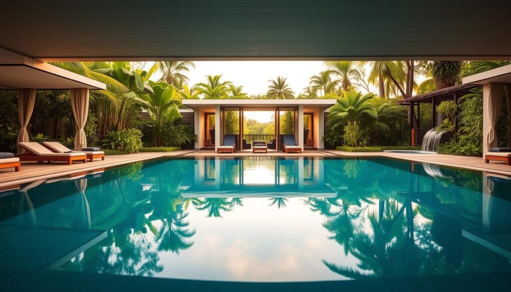 A serene sanctuary of wellness nestled amidst lush greenery, Away Spa invites you to a tranquil retreat. In the foreground, a pristine swimming pool reflects the warm glow of natural light, surrounded by elegant cabanas and loungers. The middle ground features a modern, minimalist spa pavilion with clean lines and large windows, allowing the outdoors to seamlessly blend with the interior. In the background, a verdant garden oasis with cascading waterfalls and tropical foliage creates a calming, rejuvenating atmosphere. Soft, diffused lighting, enhanced by the use of natural materials and textures, imbues the space with a sense of relaxation and renewal. This idyllic scene captures the essence of detox and rejuvenation at Away Spa, a tranquil haven for the senses.