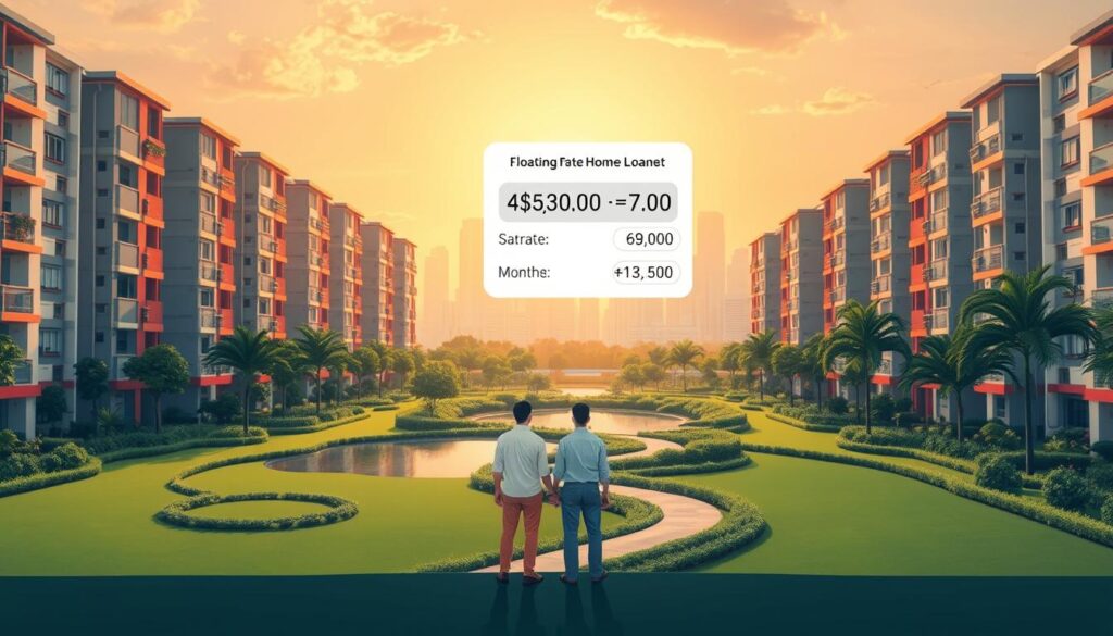 A serene, sun-drenched HDB apartment complex with a floating rate home loan calculator hovering above it. The calculator displays the current SORA rate and dynamically calculates the monthly repayment amounts. In the foreground, a stylized illustration of a Singaporean family, dressed in modern attire, stands before their dream home, exuding a sense of financial security and confidence. The middle ground features lush greenery, a tranquil pond, and a winding path leading towards the apartment complex. The background is a panoramic view of the Singapore skyline, bathed in warm, golden light, symbolizing the prosperity and growth of the city-state's housing market.
