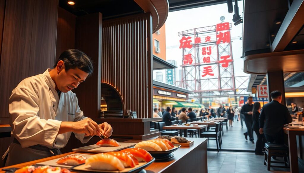 A serene sushi haven nestled within the vibrant Toyosu Market. The interior exudes a refined, minimalist aesthetic with sleek wooden accents and a calming atmosphere. In the foreground, a skilled sushi chef meticulously crafts each delectable morsel, their nimble fingers shaping the finest local seafood into edible works of art. The middle ground showcases the restaurant's serene dining area, where patrons savor the omakase experience amid the gentle hum of the bustling market outside. In the background, the expansive Toyosu Market comes into view, its towering structure and lively energy creating a dynamic contrast to the tranquil sushi sanctuary. Warm, natural lighting bathes the scene, highlighting the precision and artistry of the culinary presentation.